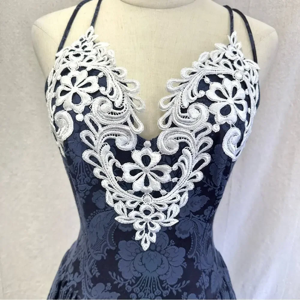 Gunne Sax vintage 80s navy brocade tea length‎ formal/party dress size 7/8 - Picture 8 of 16